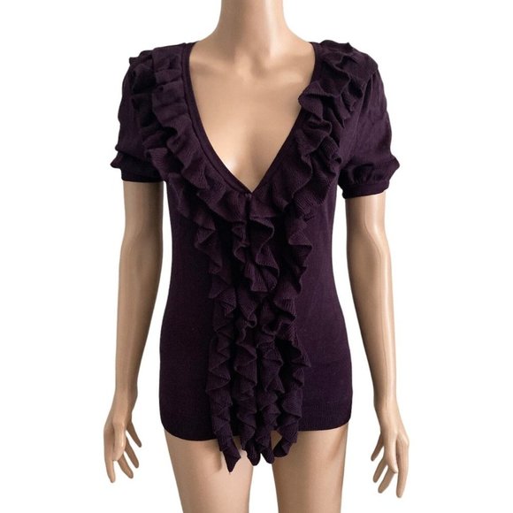 Sweater Women's Medium Purple Ruffled Buttoned Front Stretch - Picture 5 of 8